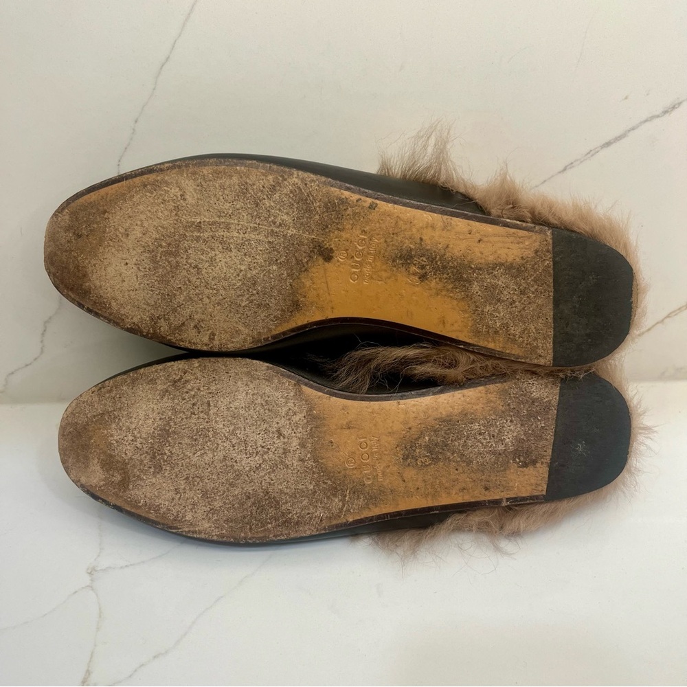 Gucci Princeton Fur Lined Horsebit Loafers- Black Leather Slides - Picture 5 of 9